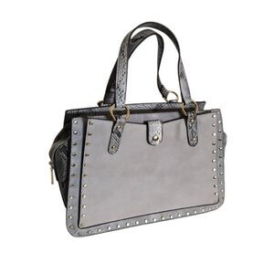 Gray Studded Tote Handbag Snake Print Gold Trim Structured Satchel Purse